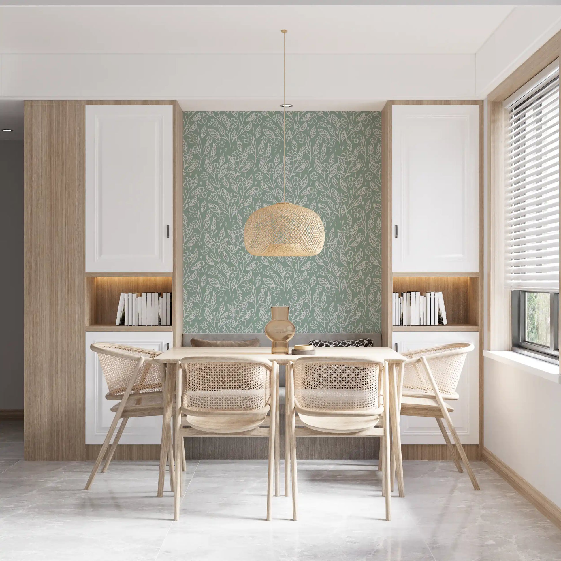 Sage Green Hand-Drawn Floral Line Art Wallpaper⁠