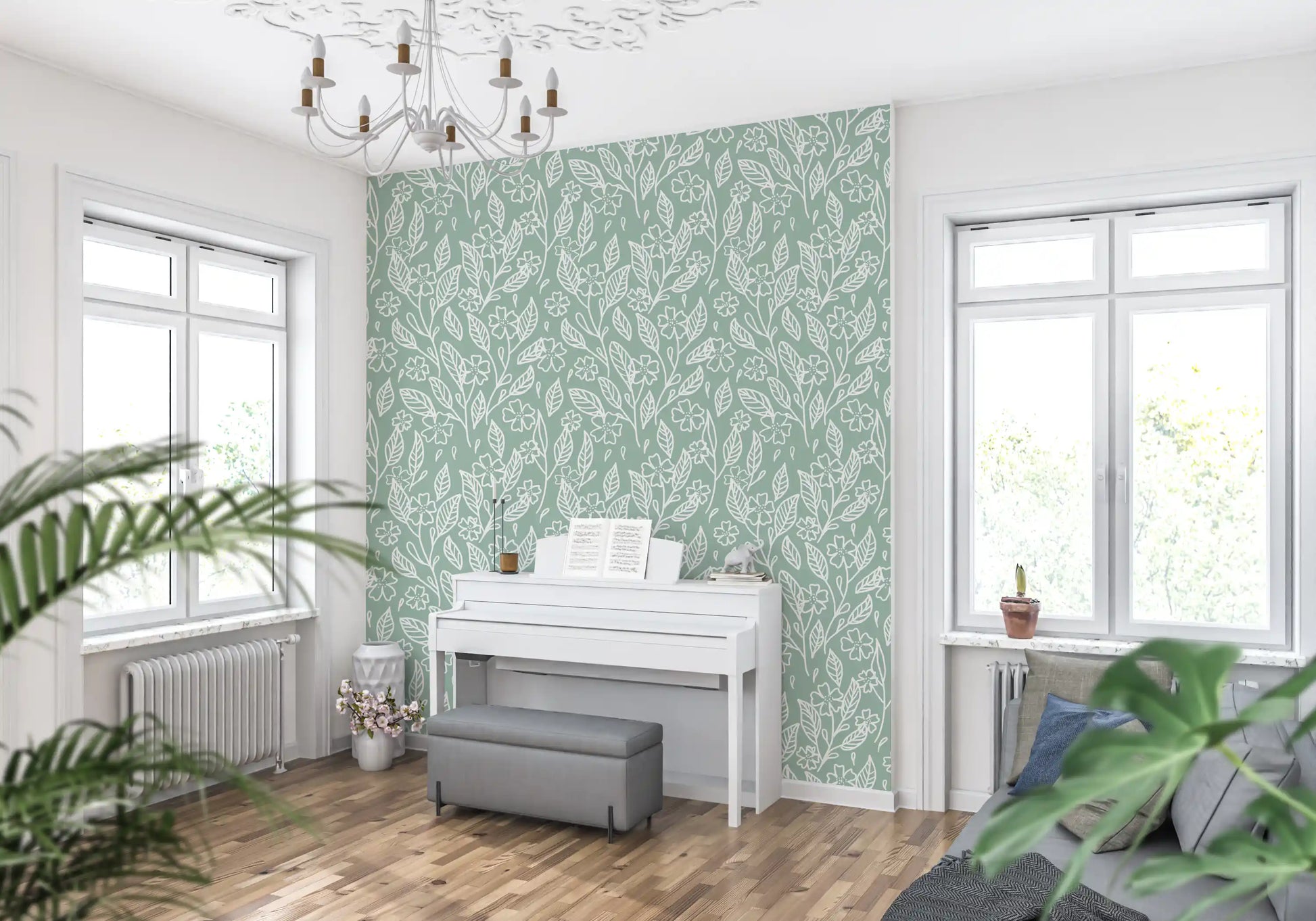 Sage Green Hand-Drawn Floral Line Art Wallpaper⁠