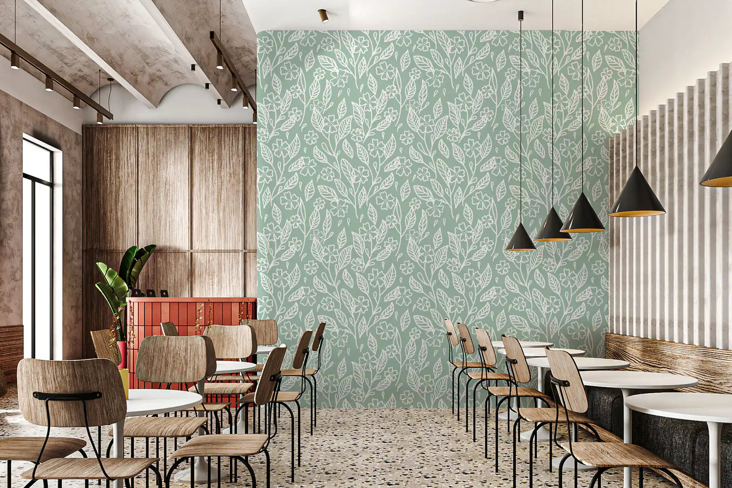 Sage Green Hand-Drawn Floral Line Art Wallpaper⁠