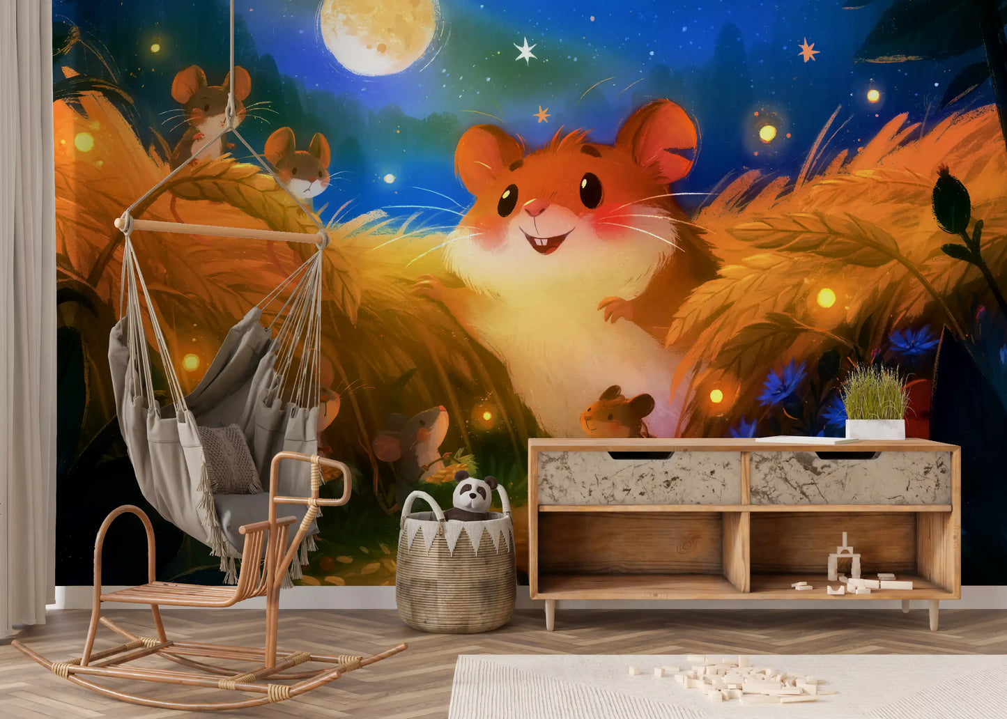 Moonlit Hamster Harvest Scene Wall Mural