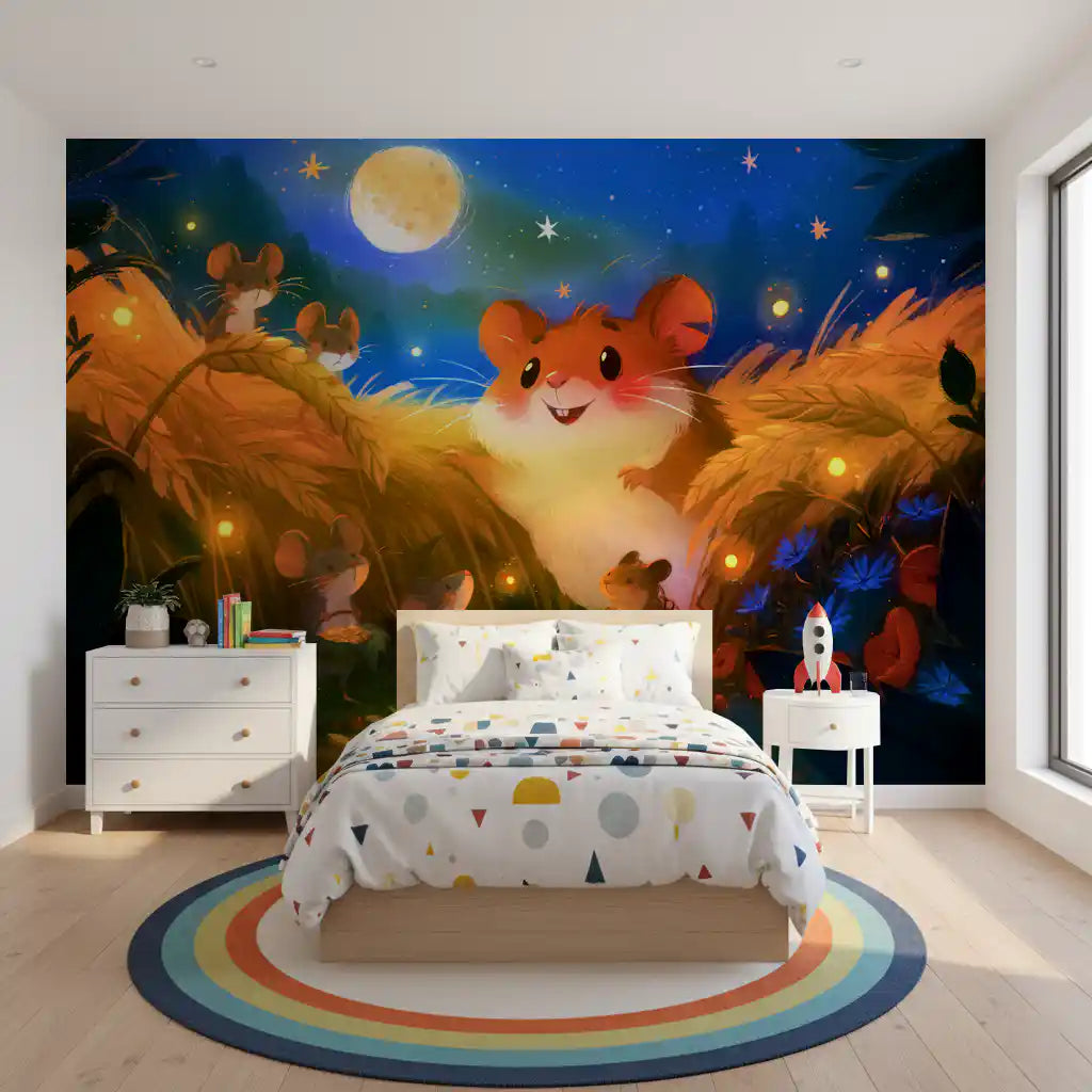 Moonlit Hamster Harvest Scene Wall Mural