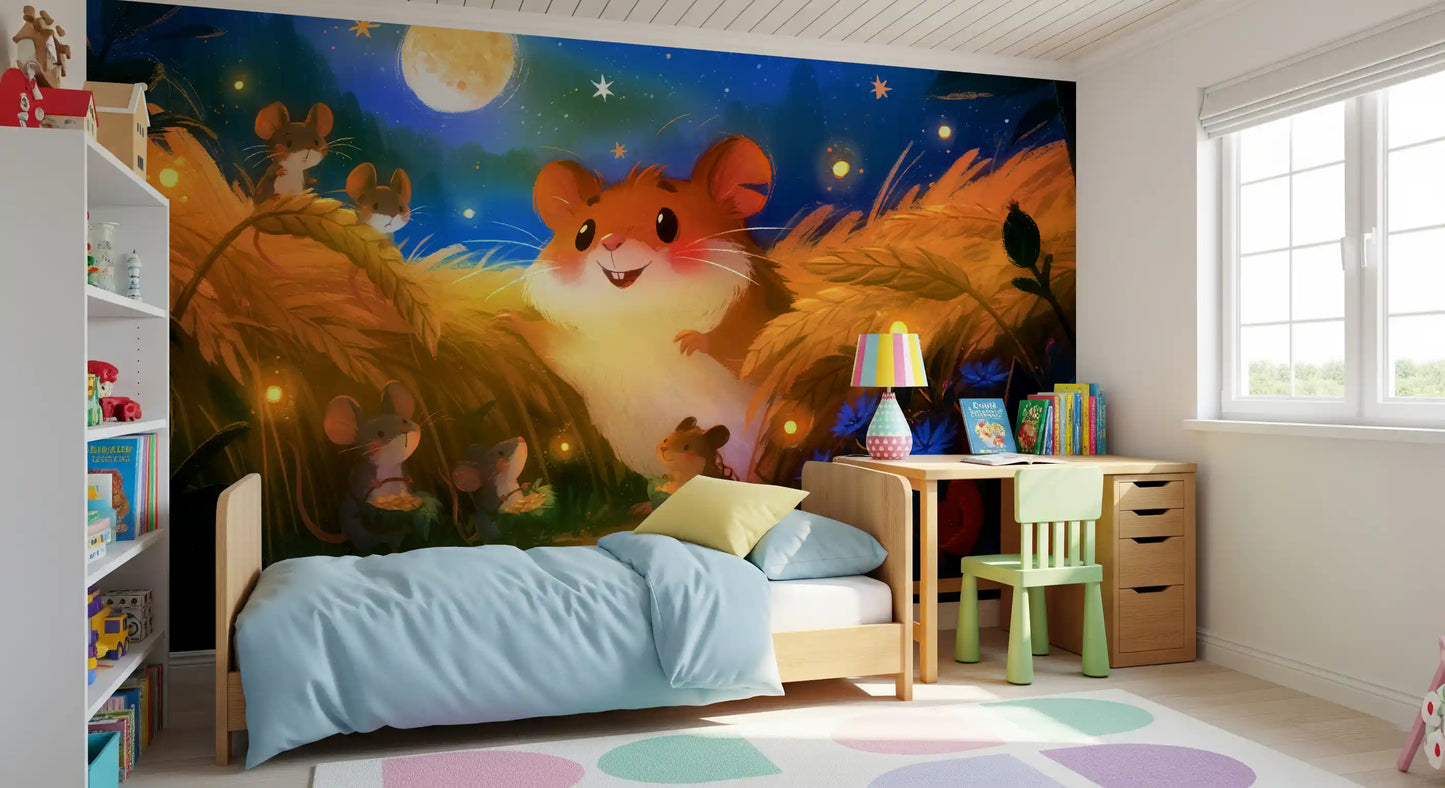 Moonlit Hamster Harvest Scene Wall Mural
