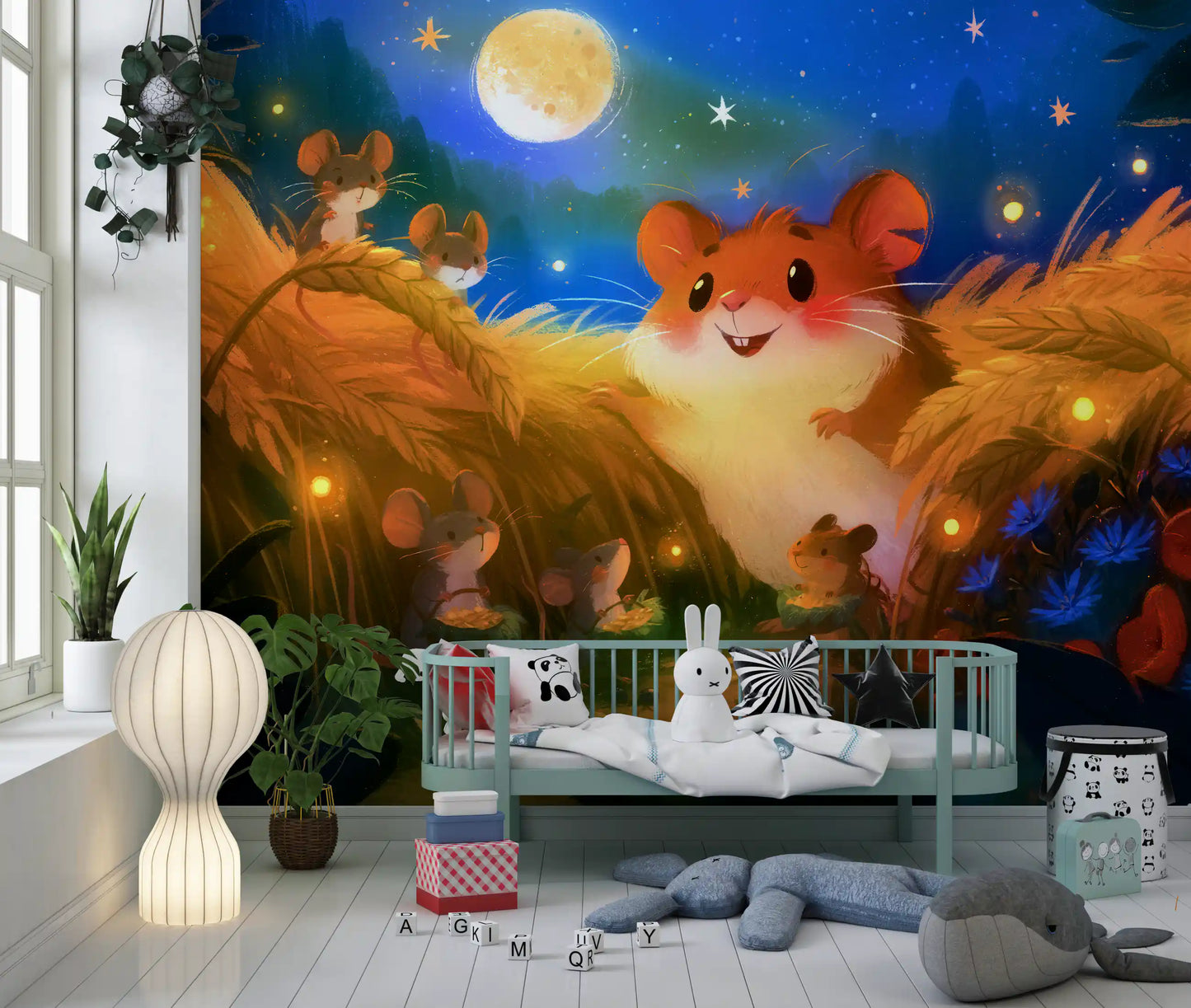 Moonlit Hamster Harvest Scene Wall Mural