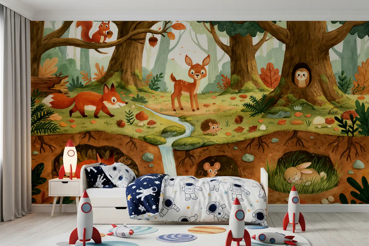 Woodland forest life mural with fox, deer and rabbit burrows beside a stream, forest wallpaper, GD12986