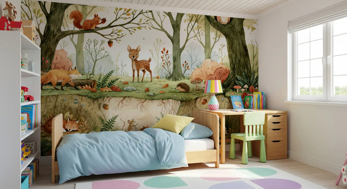 Forest floor habitat mural with foxes and hedgehogs in soft watercolour tones, forest wallpaper, GD12988