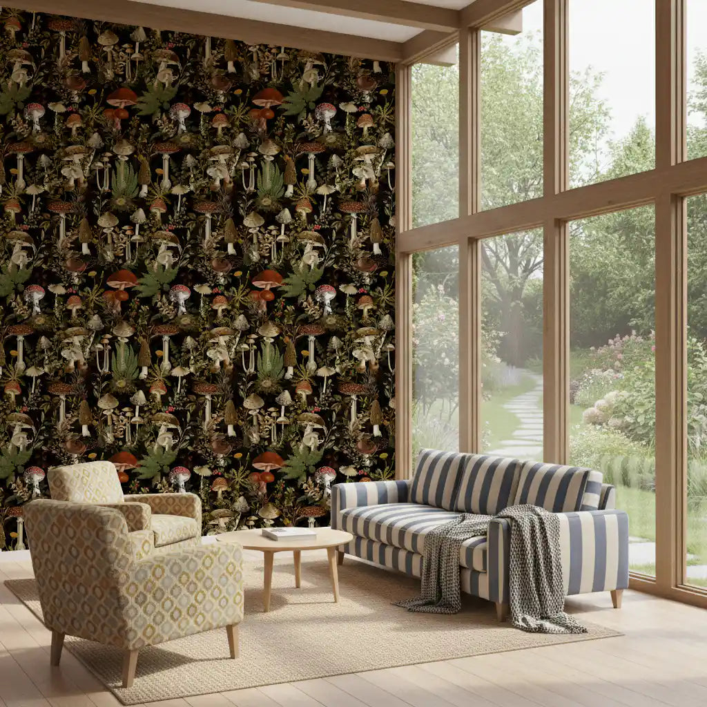 Midnight Forest Mushroom Botanical Wallpaper⁠
