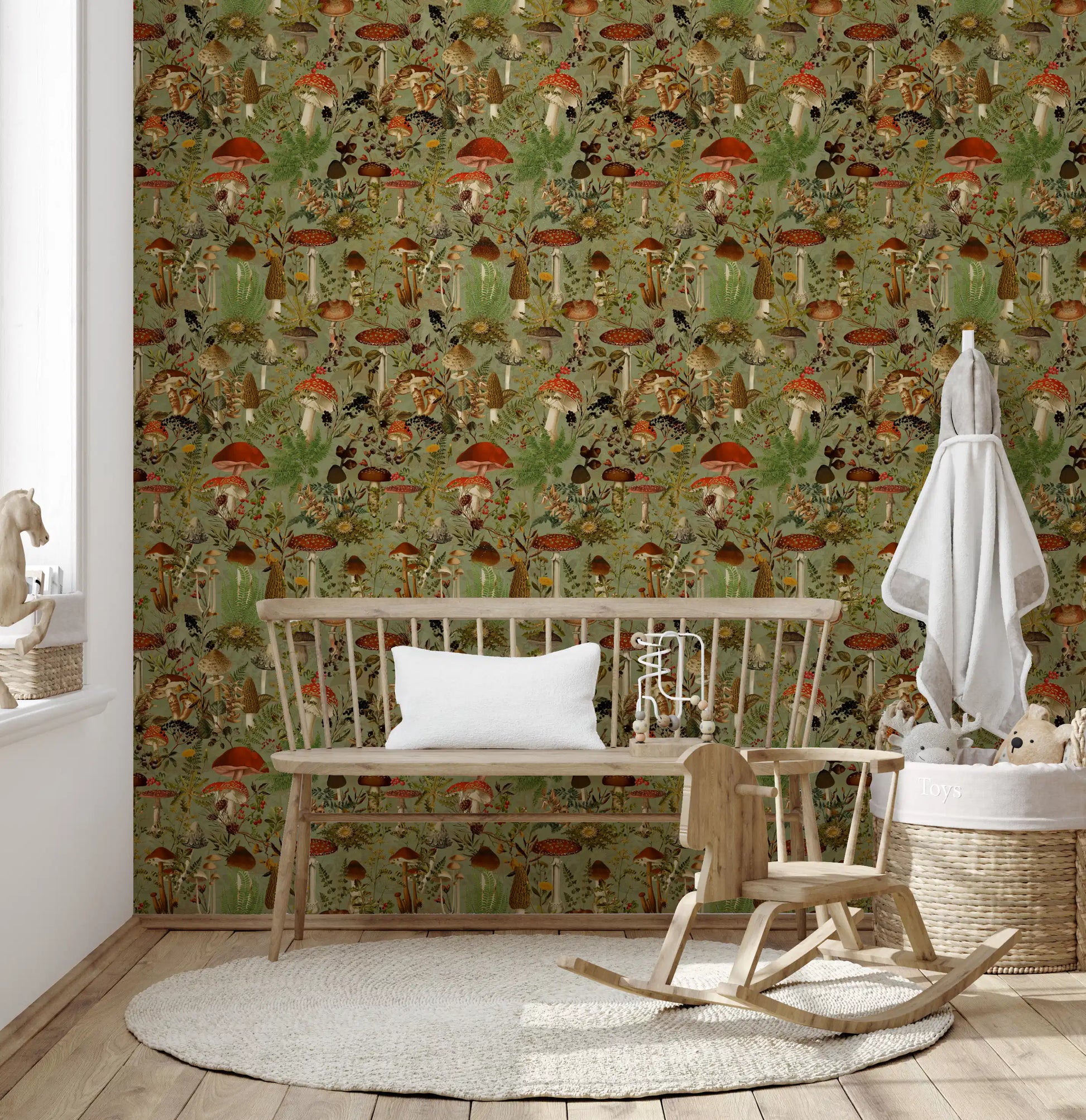 Vintage Woodland Mushroom and Fern Forage Wallpaper⁠