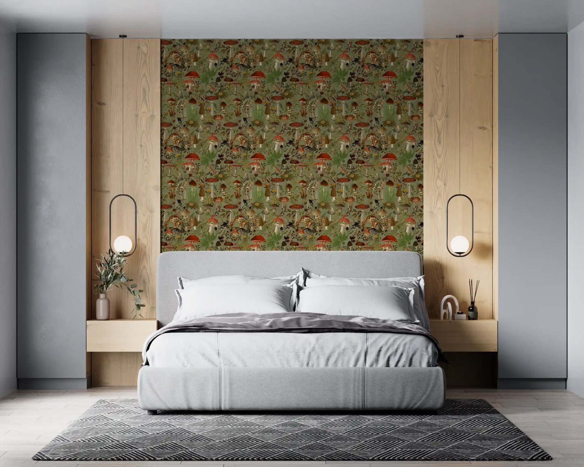 Vintage Woodland Mushroom and Fern Forage Wallpaper⁠