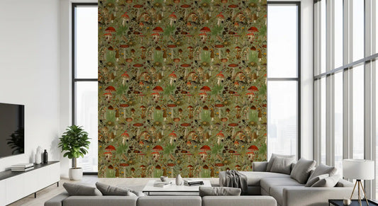 Vintage Woodland Mushroom and Fern Forage Wallpaper⁠