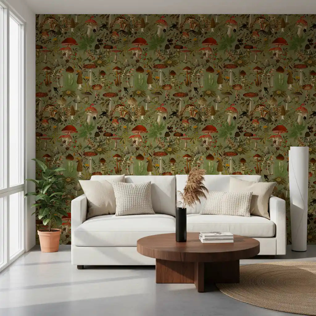 Vintage Woodland Mushroom and Fern Forage Wallpaper⁠