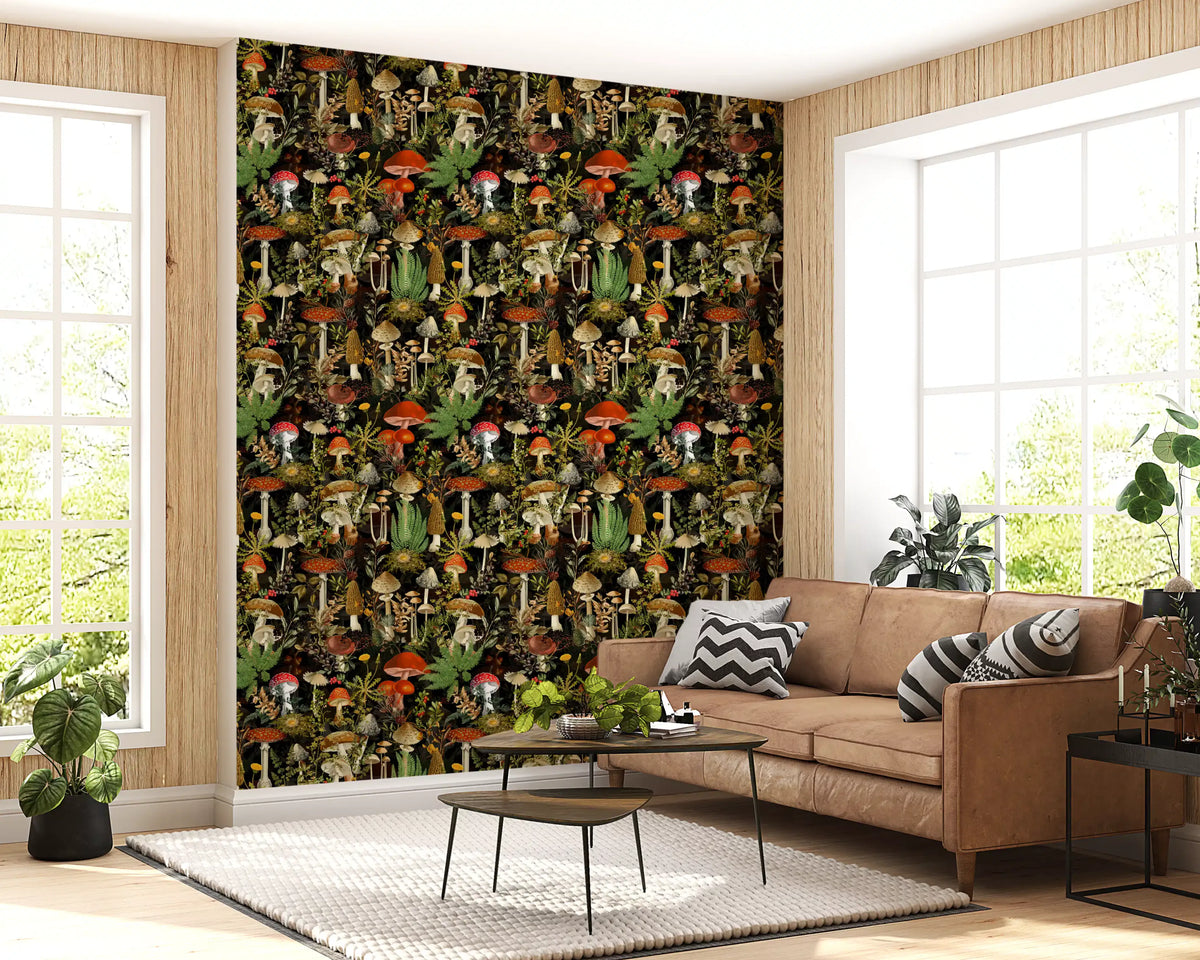 Vintage woodland mushroom harvest forest wallpaper on a dark ground in a room, GD12995