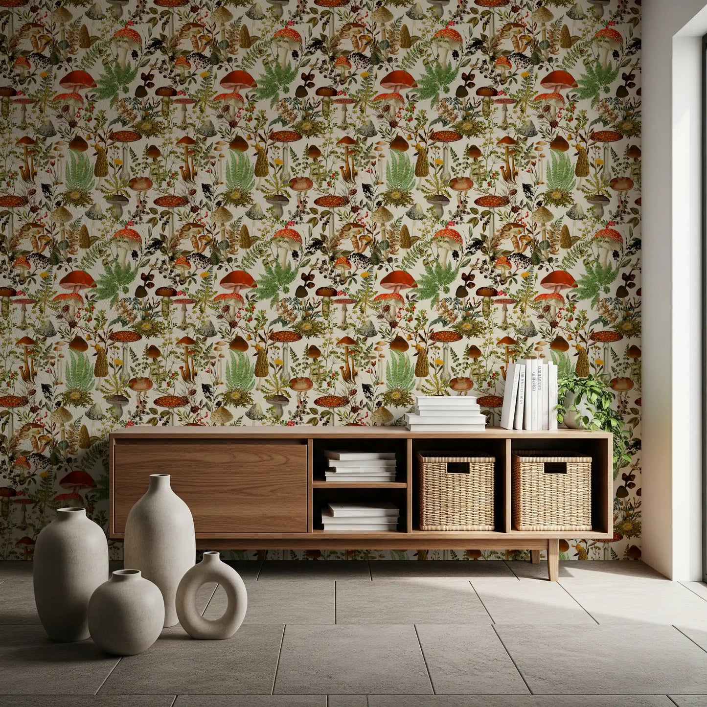Rustic Toadstool and Woodland Meadow Flora Wallpaper⁠