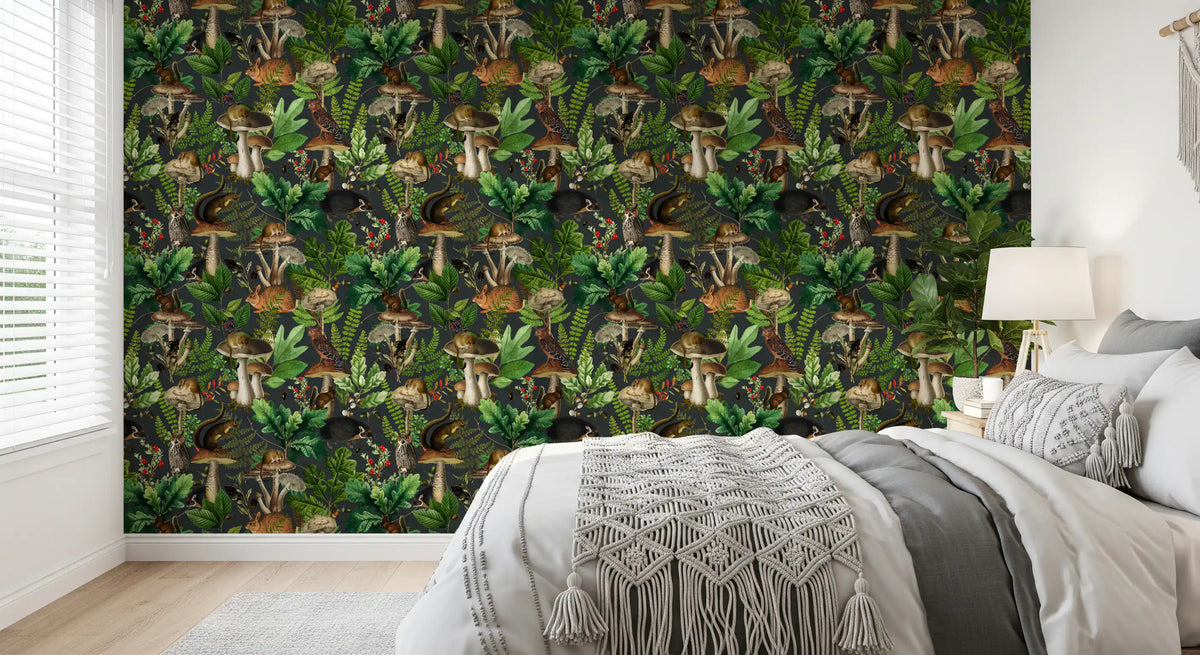 Vintage forest creatures and fungi wallpaper on a dark green ground in a room, GD12998