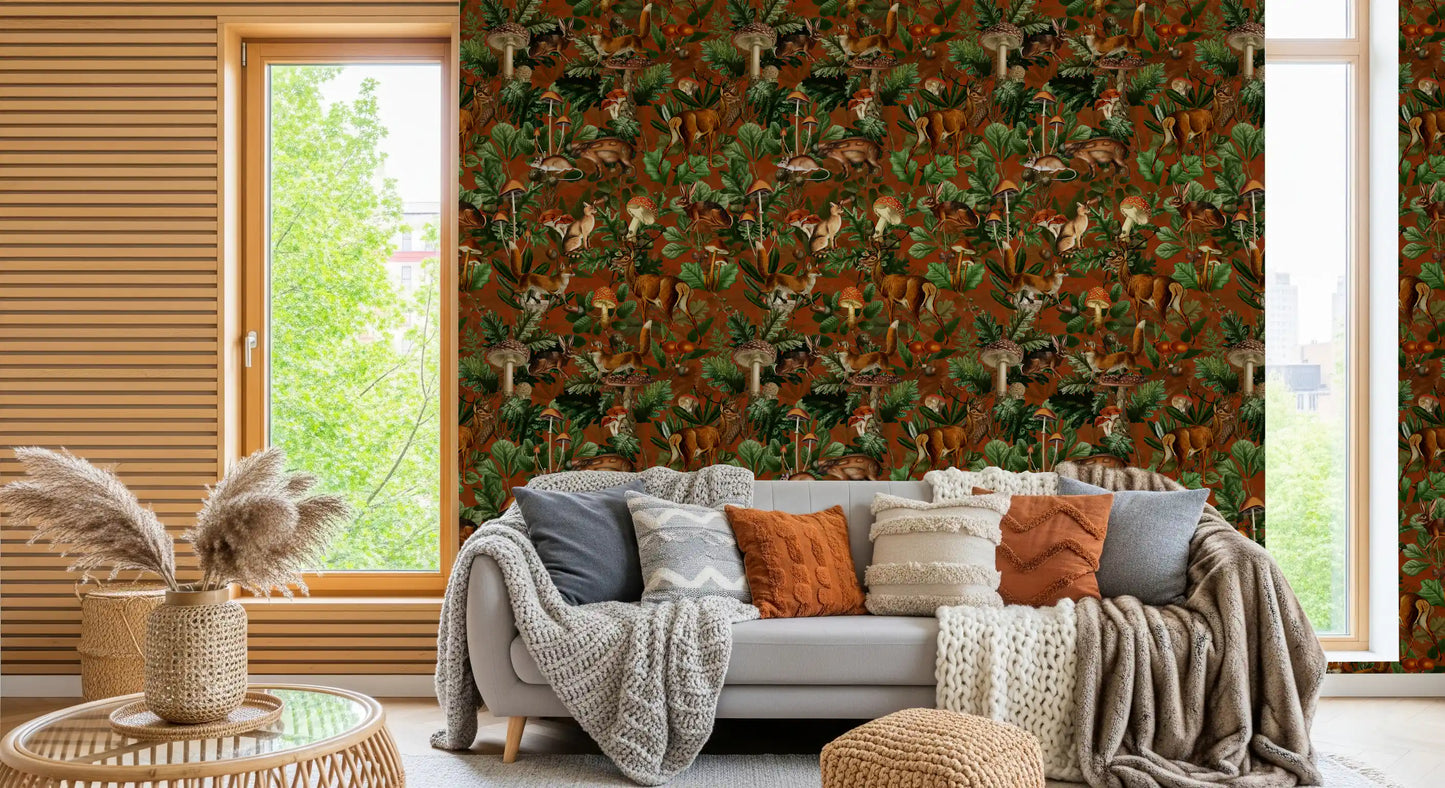 Rustic Woodland Creatures and Fungi Tapestry Wallpaper⁠