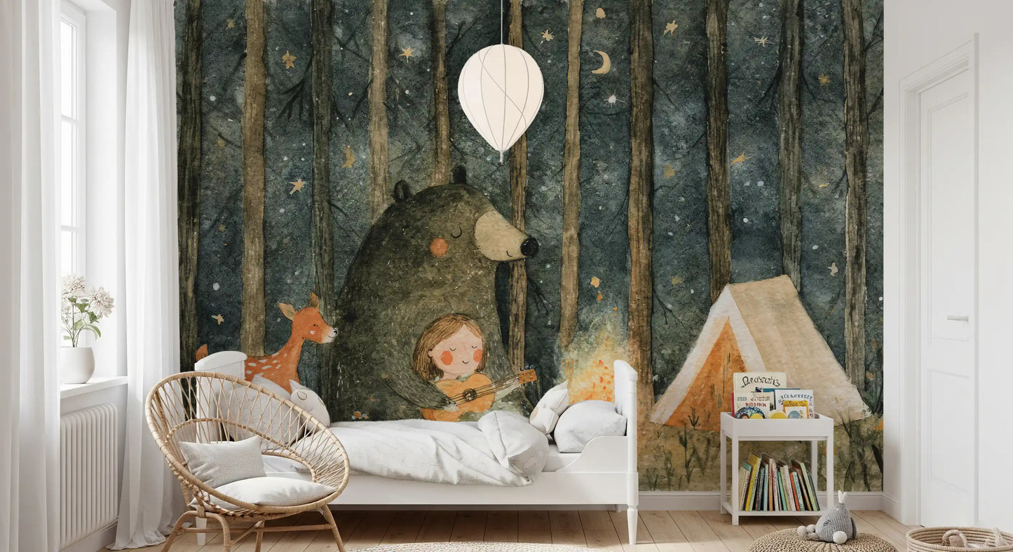 Midnight Forest Campfire Friends Wall Mural