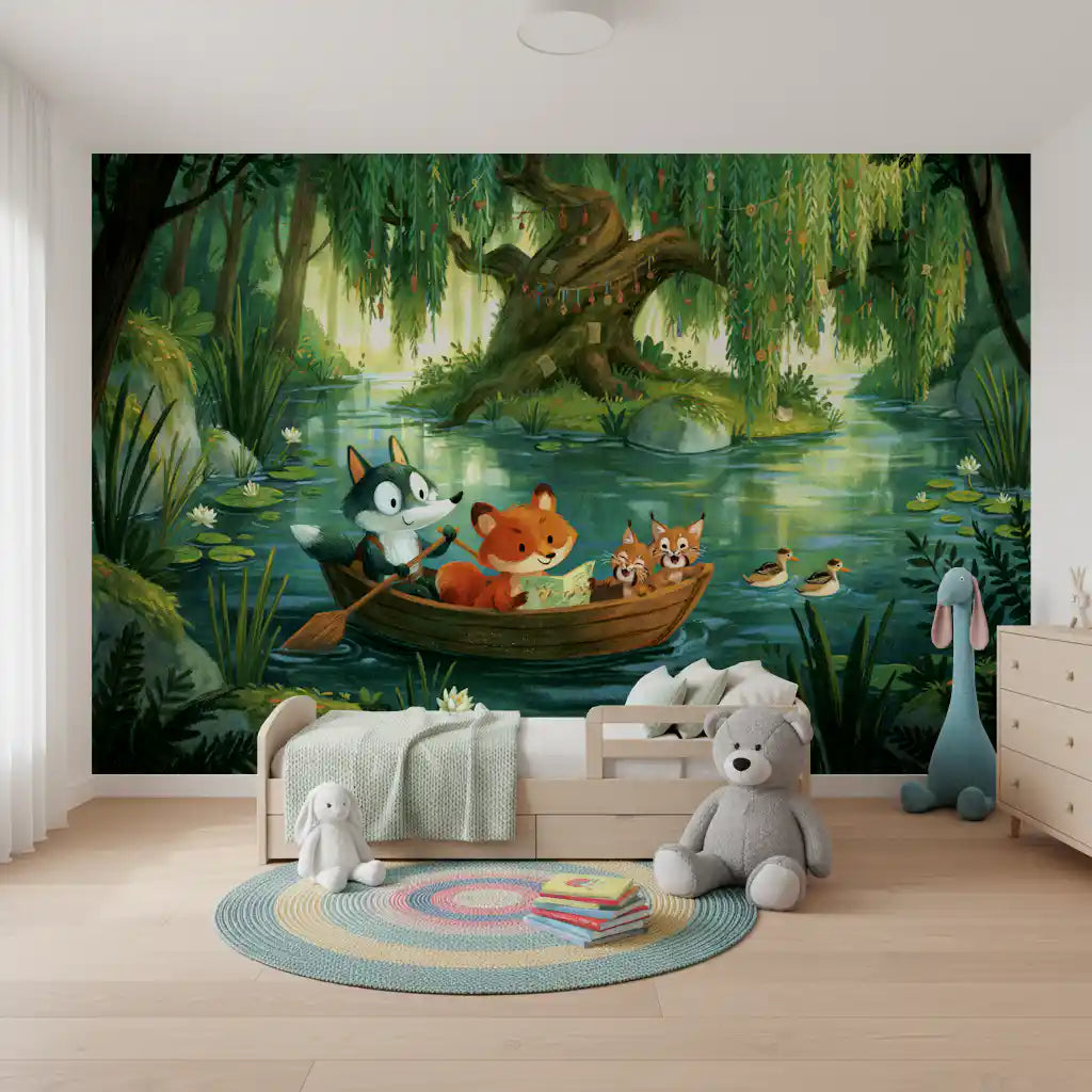 Woodland River Boat Adventure Wall Mural