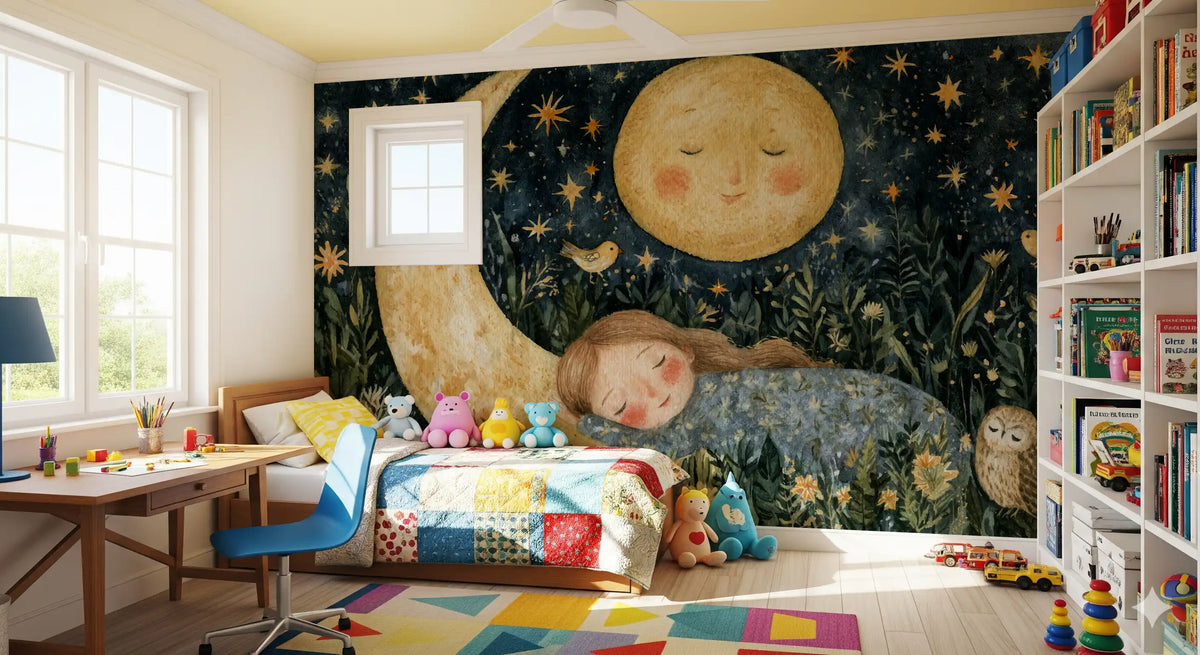 Girl sleeping on a crescent moon in a starry forest dreamscape wall mural, GD13008