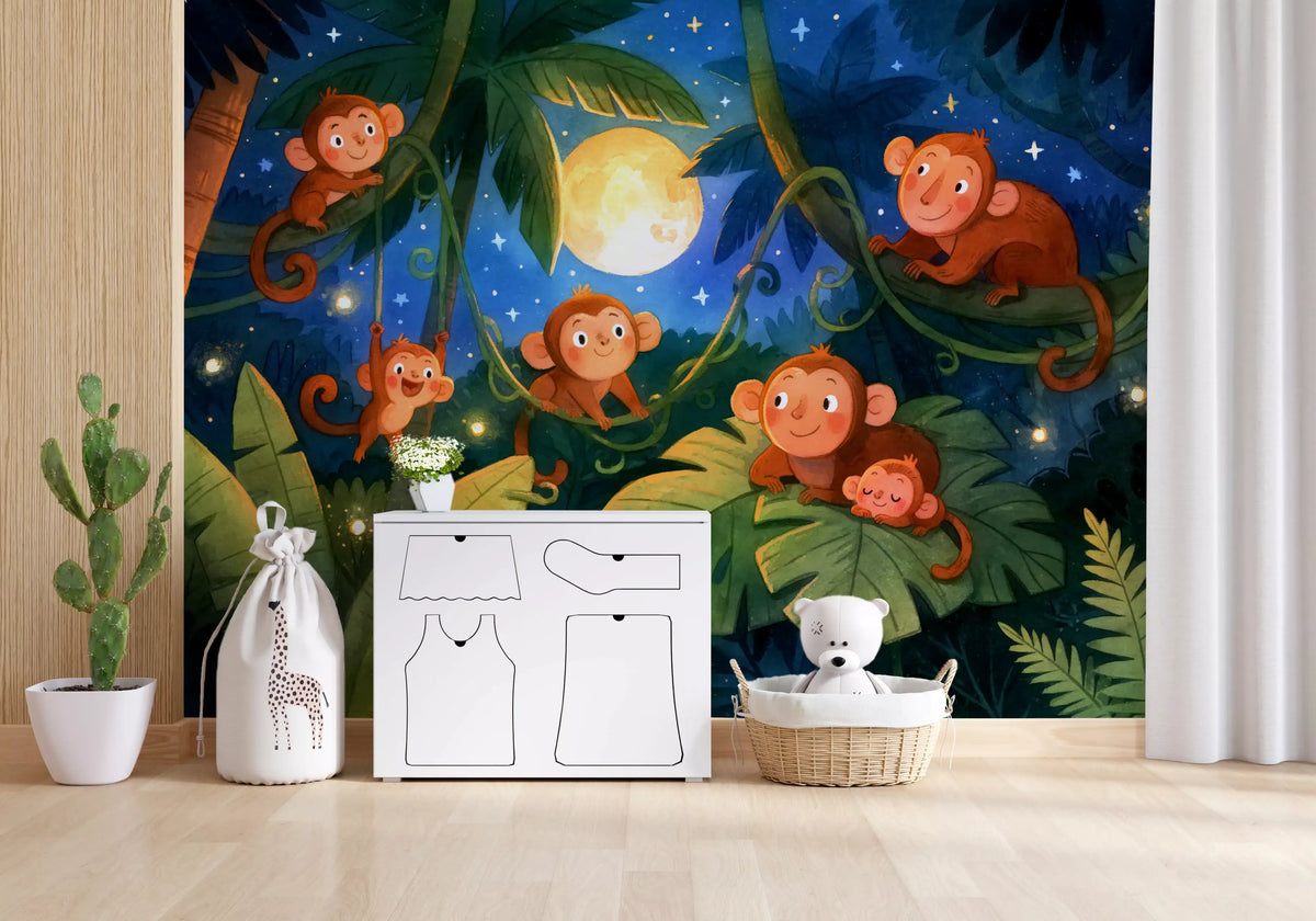 Playful monkeys in a moonlit jungle at night wall mural, GD13009