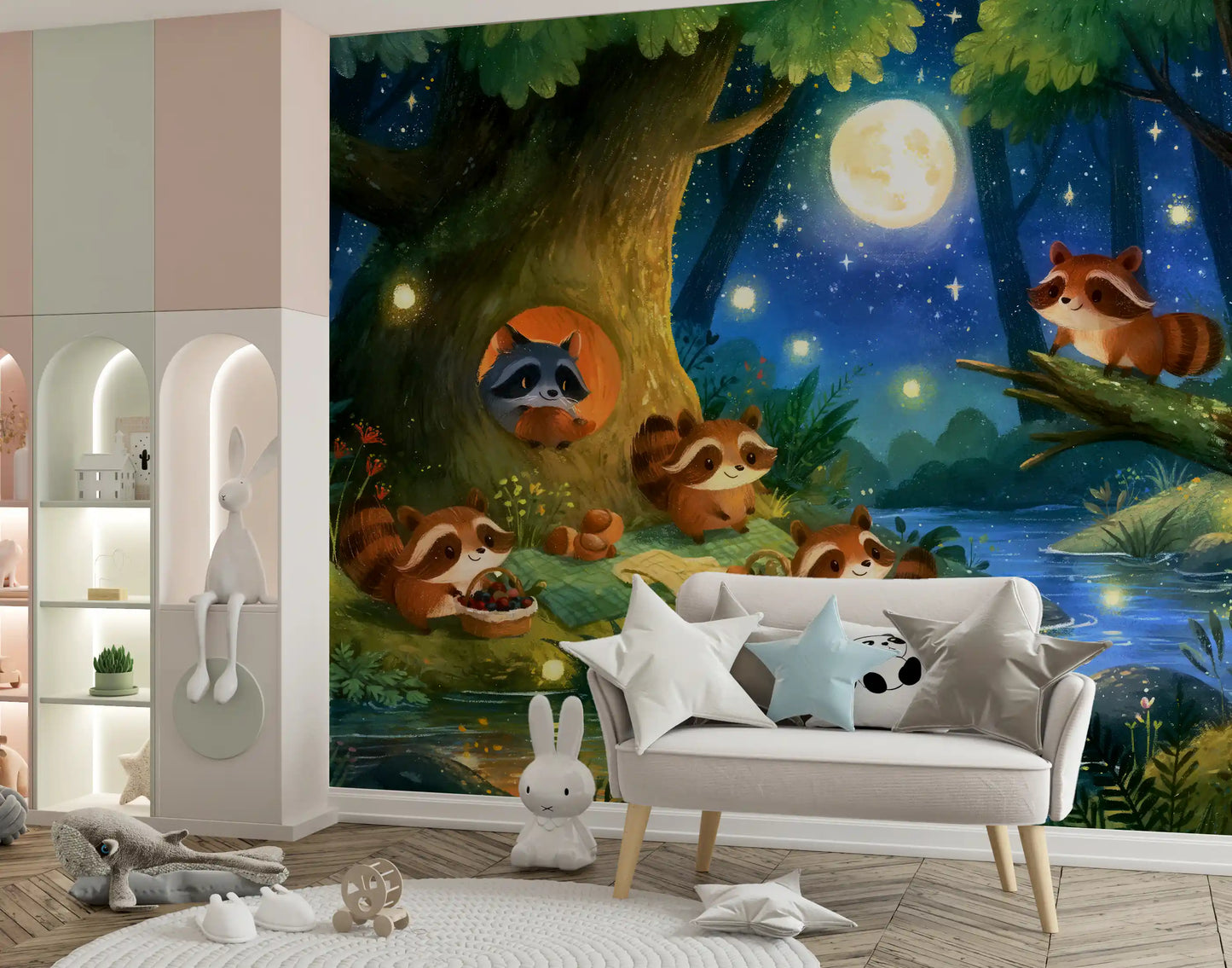 Moonlit Raccoon Forest Picnic Wall Mural