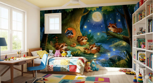 Moonlit Raccoon Forest Picnic Wall Mural