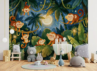 Moonlit Jungle Monkey Friends Wall Mural
