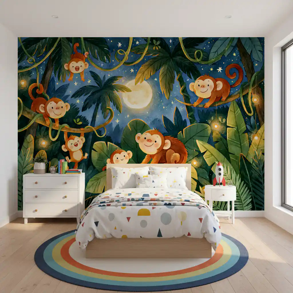 Moonlit Jungle Monkey Friends Wall Mural