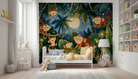 Moonlit Jungle Monkey Friends Wall Mural