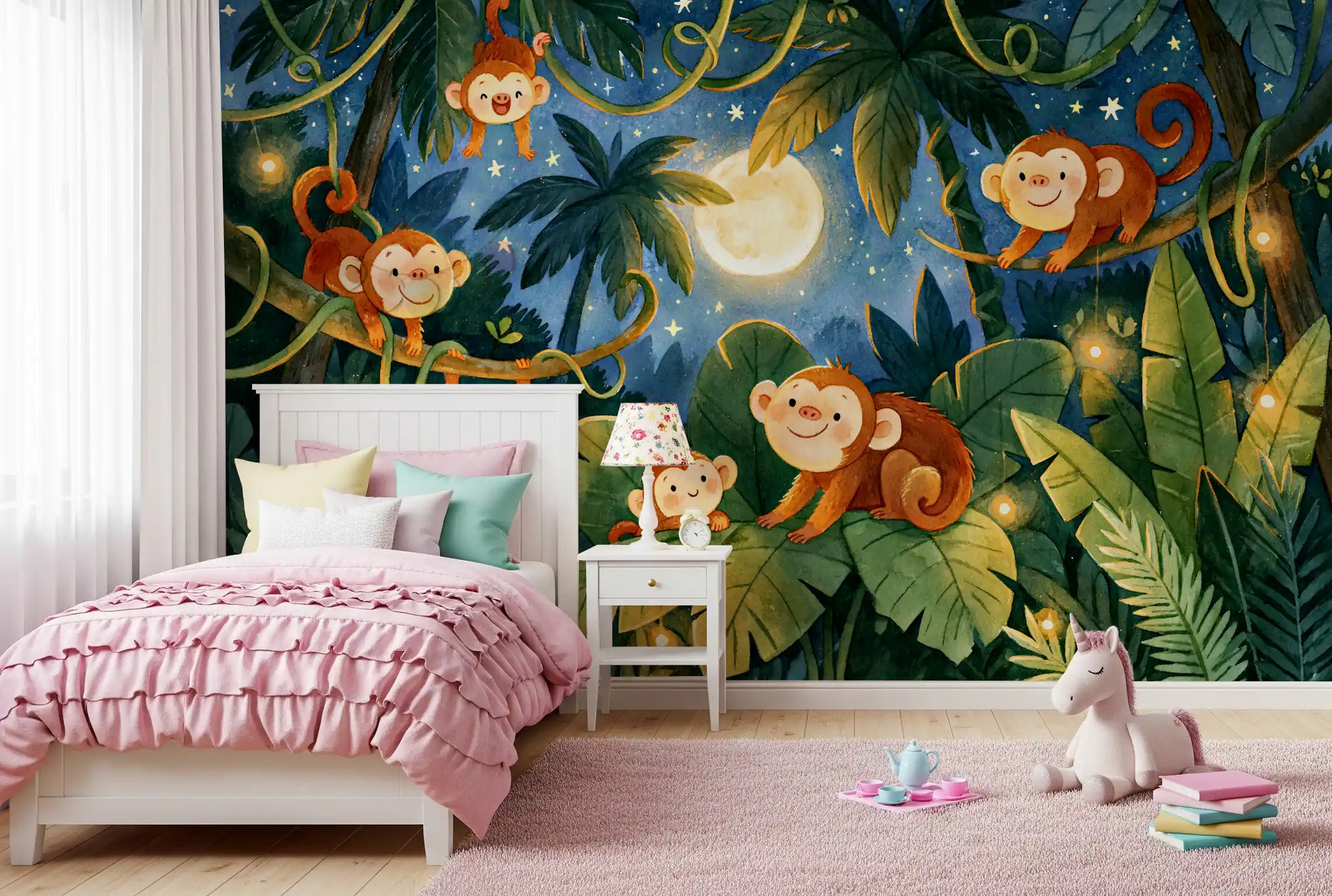 Moonlit Jungle Monkey Friends Wall Mural