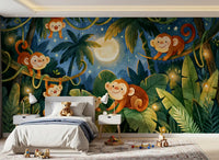 Moonlit Jungle Monkey Friends Wall Mural