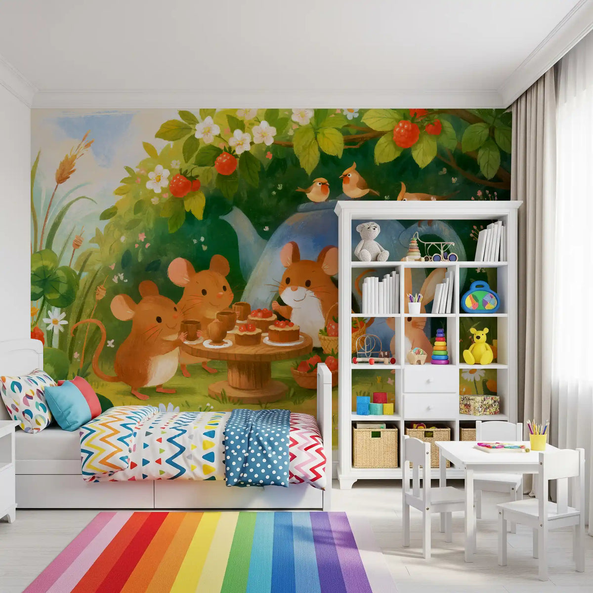 Woodland mouse and rabbit tea party mural in a nursery, GD13015