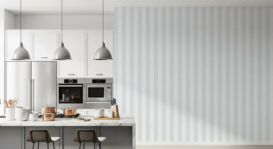 Pastel blue and white vertical stripe wallpaper in a bright room, GD13016