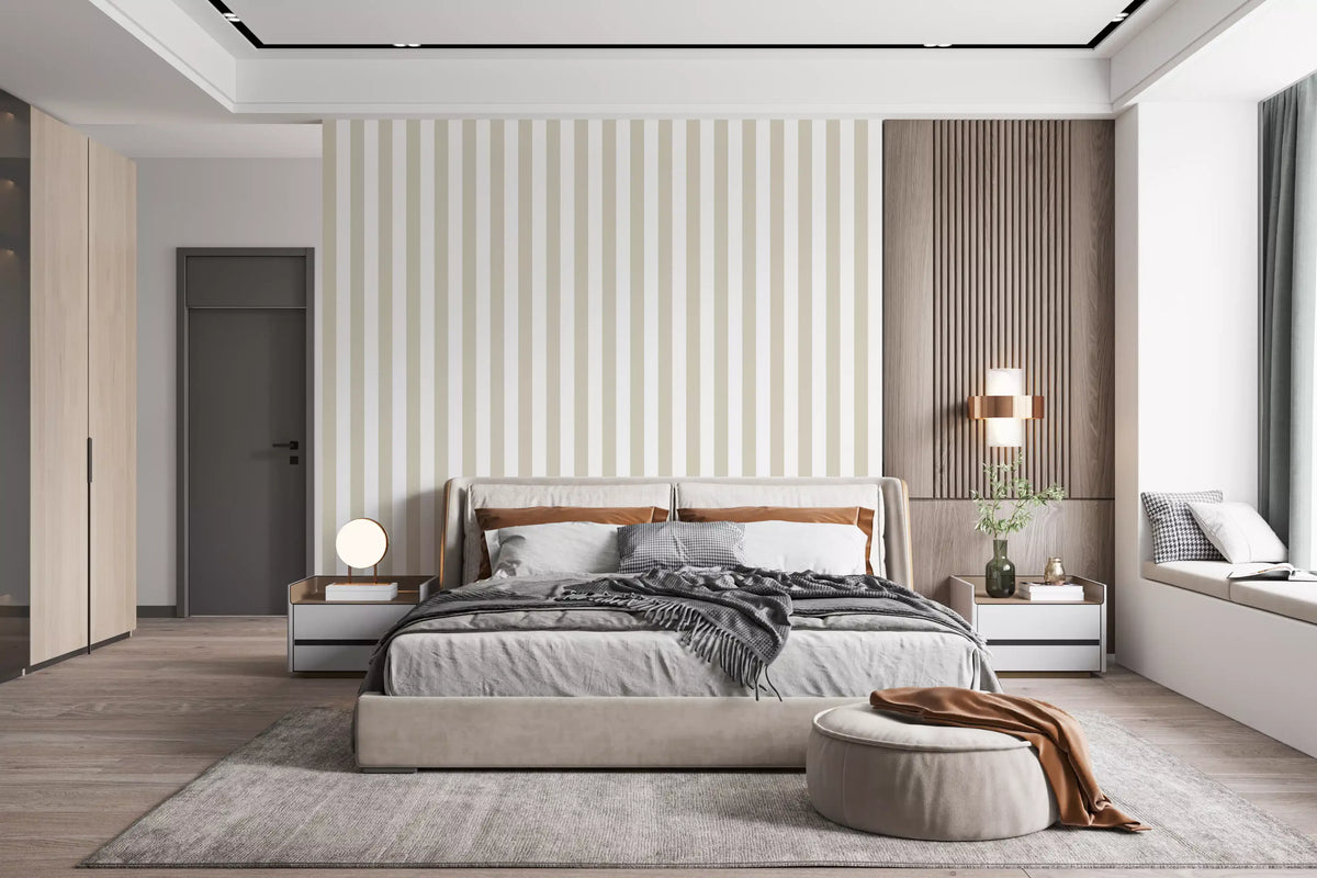 Neutral beige and white vertical stripe wallpaper in a bedroom, GD13017