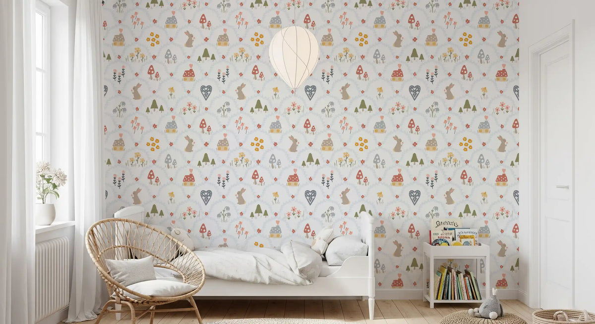 Whimsical nursery wallpaper with hand drawn houses, bunnies and mushrooms, GD13019