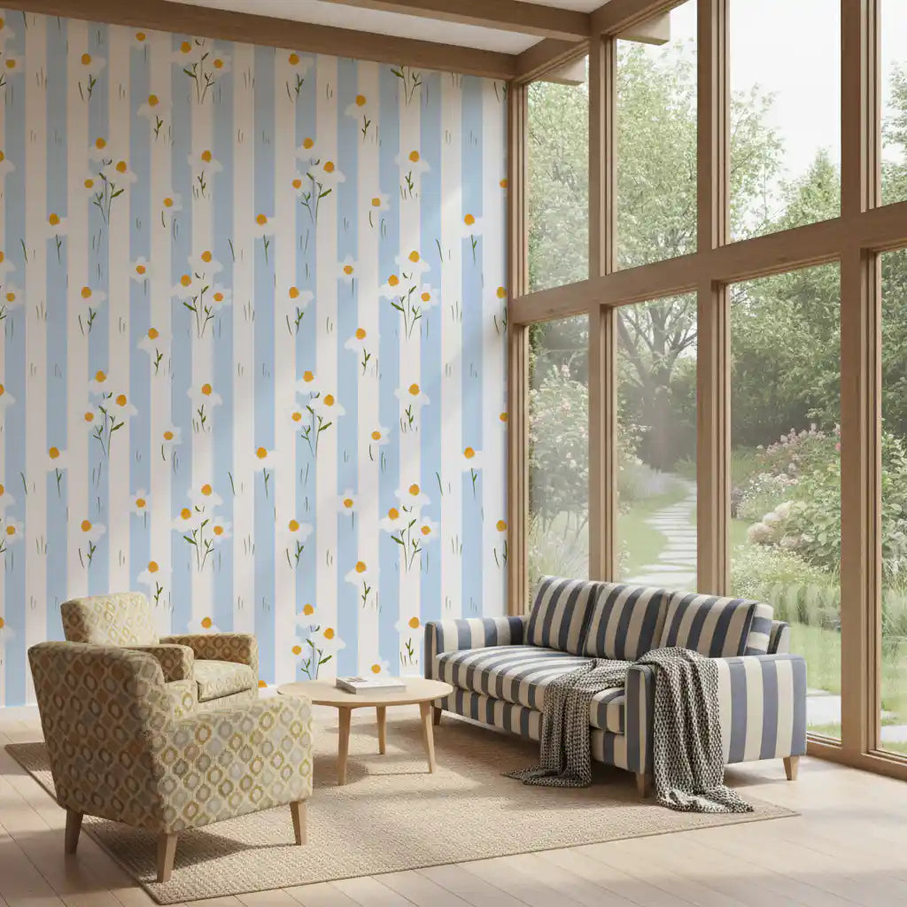 Striped Meadow Daisies Wallpaper⁠