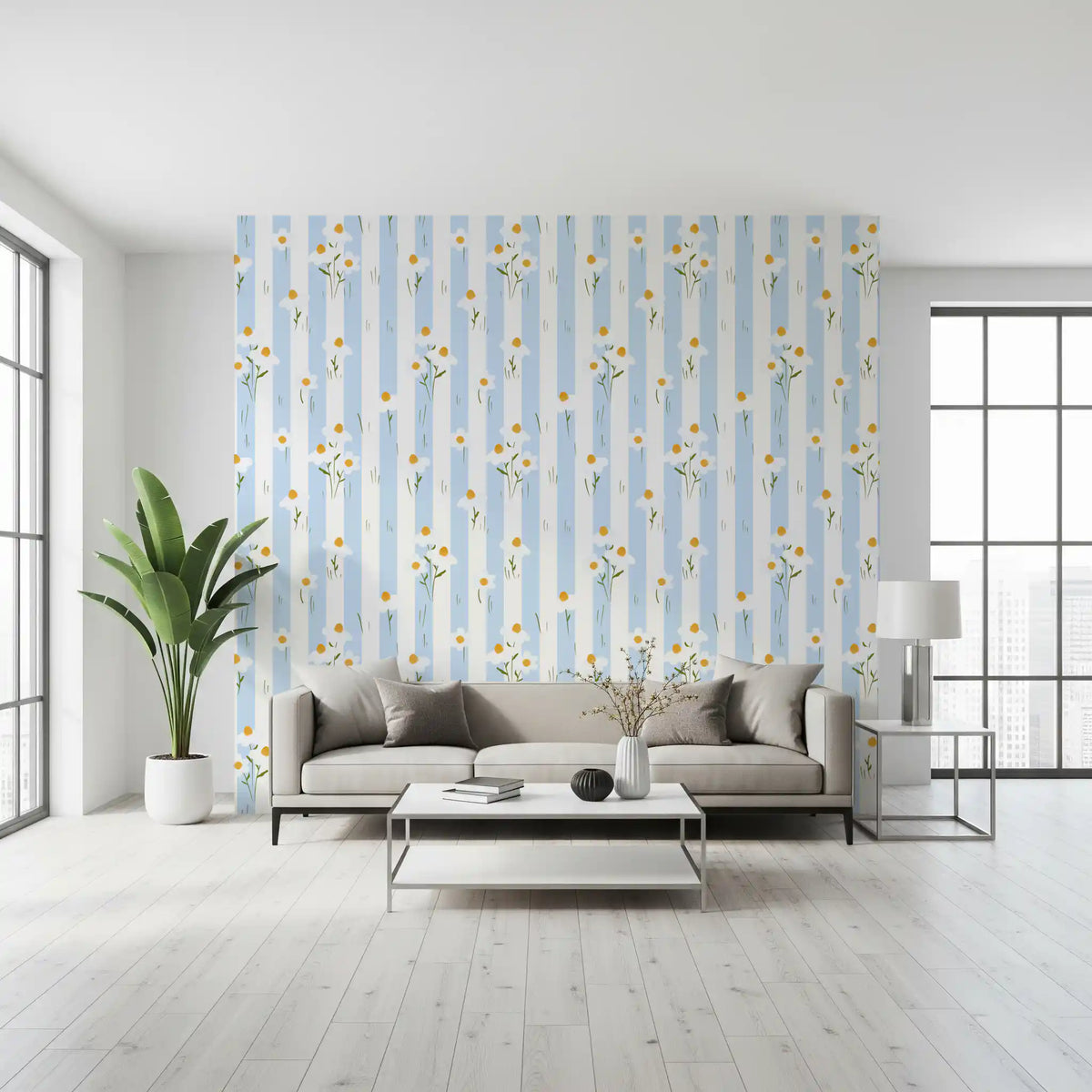 Striped Meadow Daisies Wallpaper⁠