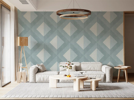 Muted blue and off white layered diamond geometric wallpaper, GD13023