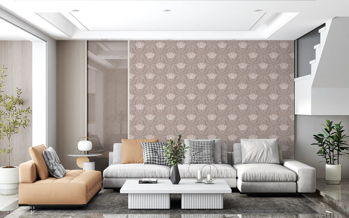 Taupe and cream floral repeat wallpaper with lotus-style blooms, GD13024
