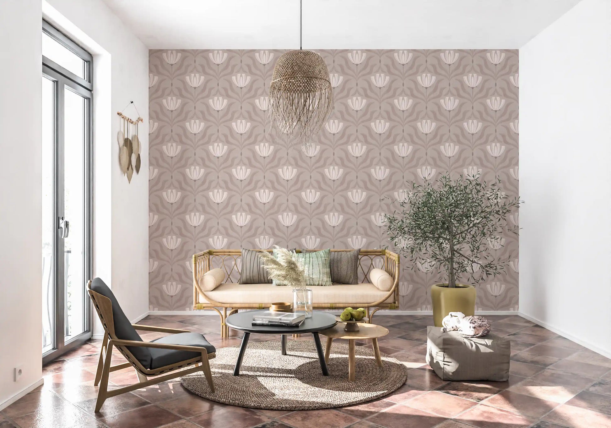 Minimalist Botanical Blossom Taupe Wallpaper⁠