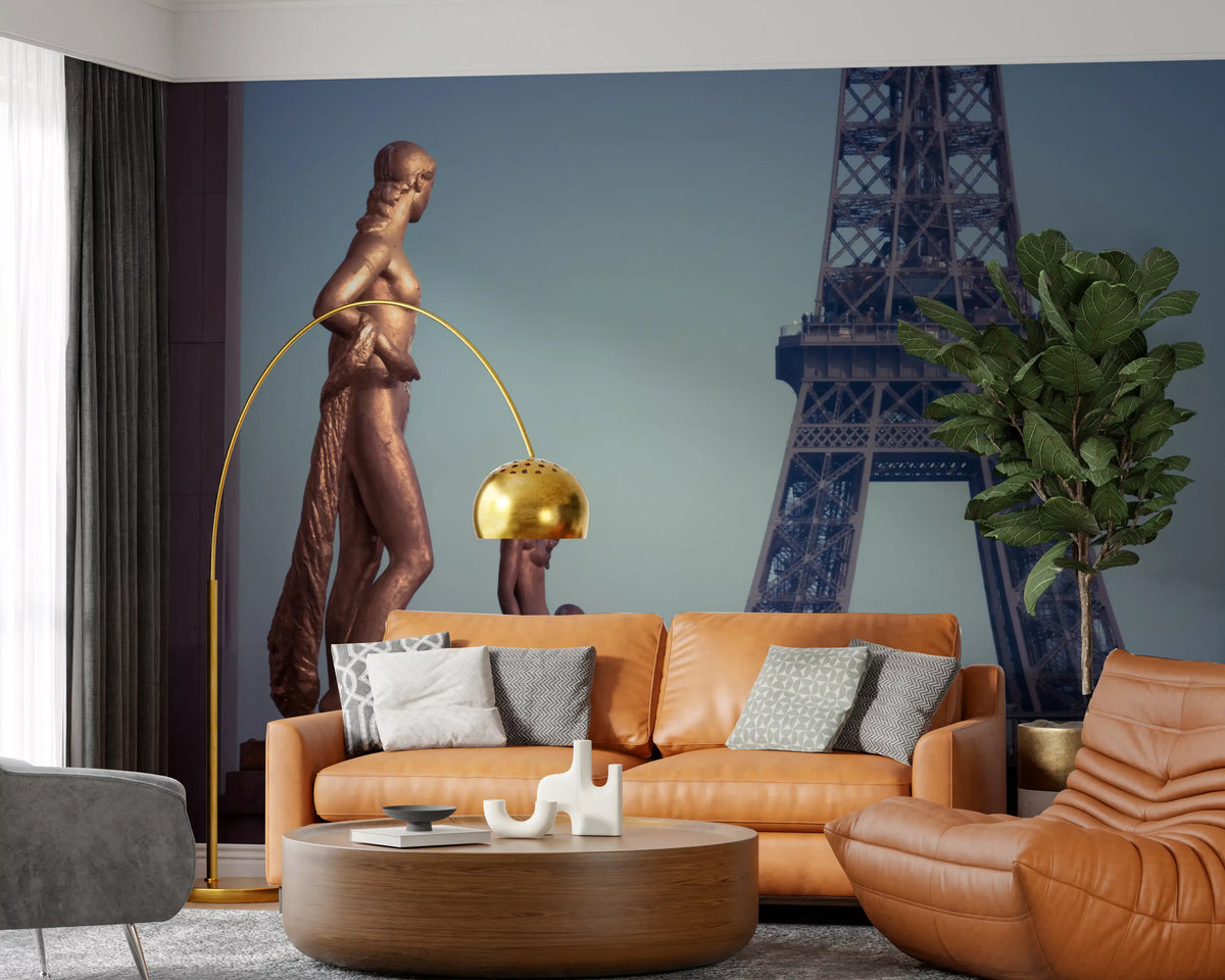 Art wall mural of bronze statues before the Eiffel Tower, GD13029