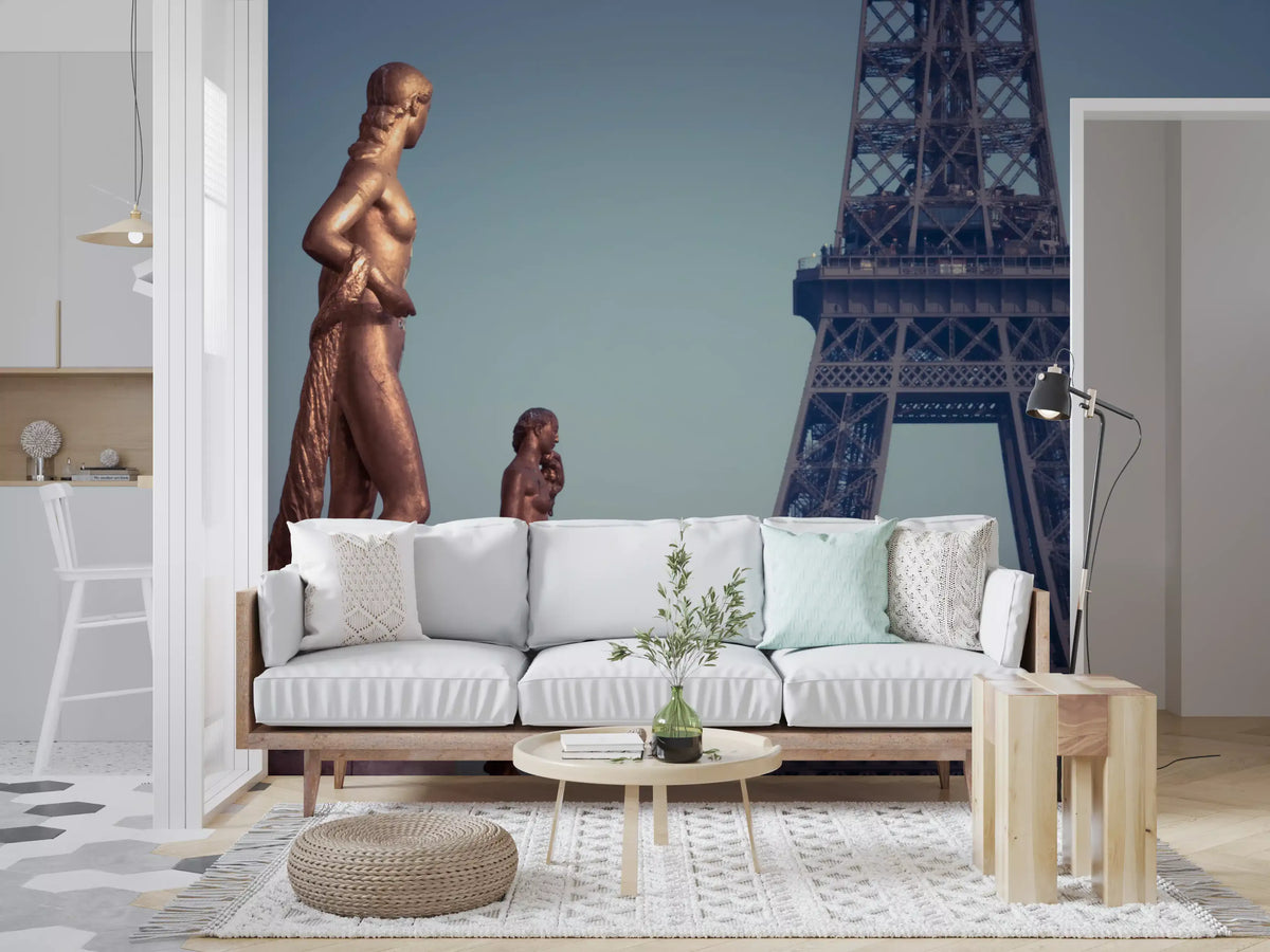 Art wall mural of bronze statues before the Eiffel Tower, GD13029
