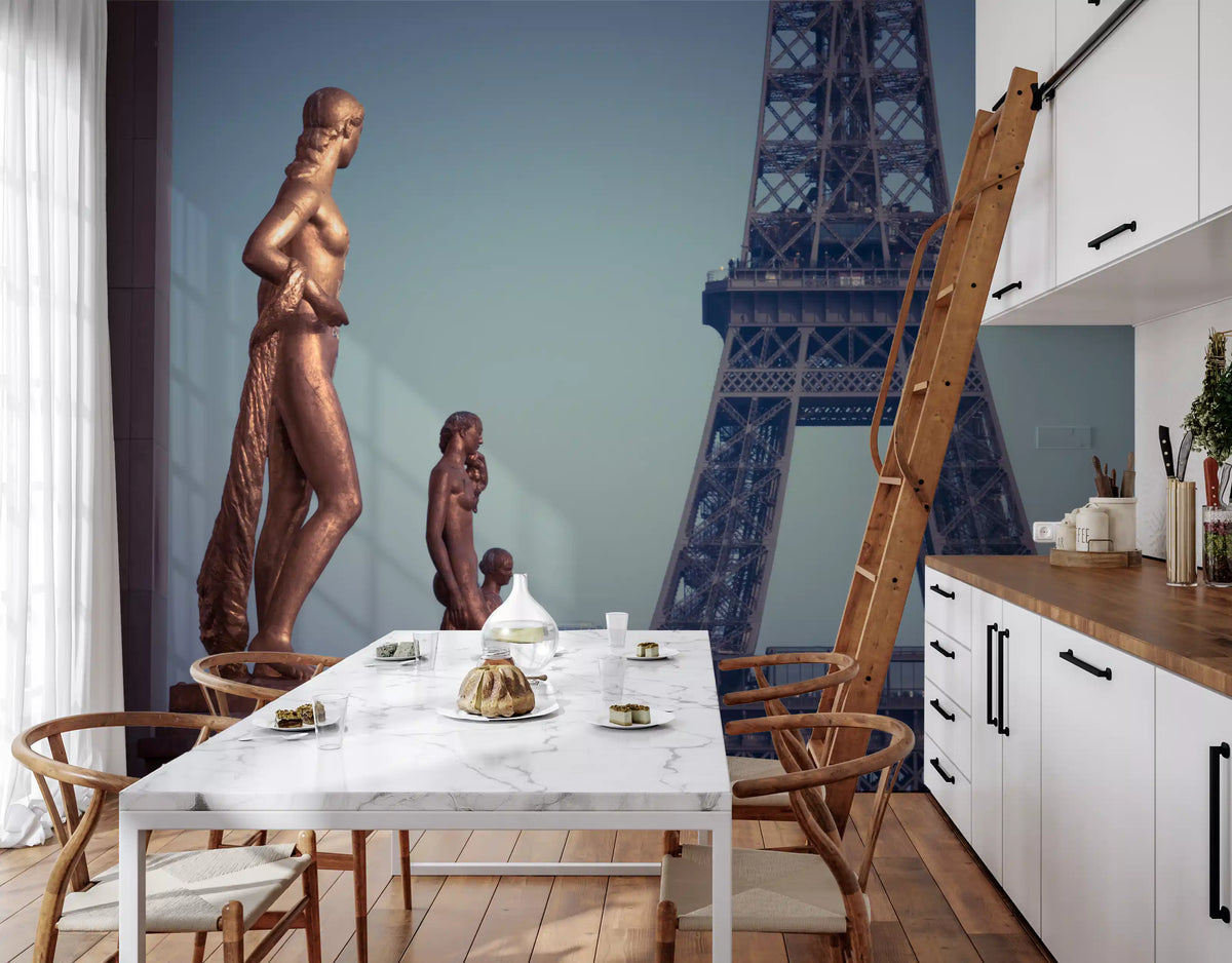 Art wall mural of bronze statues before the Eiffel Tower, GD13029