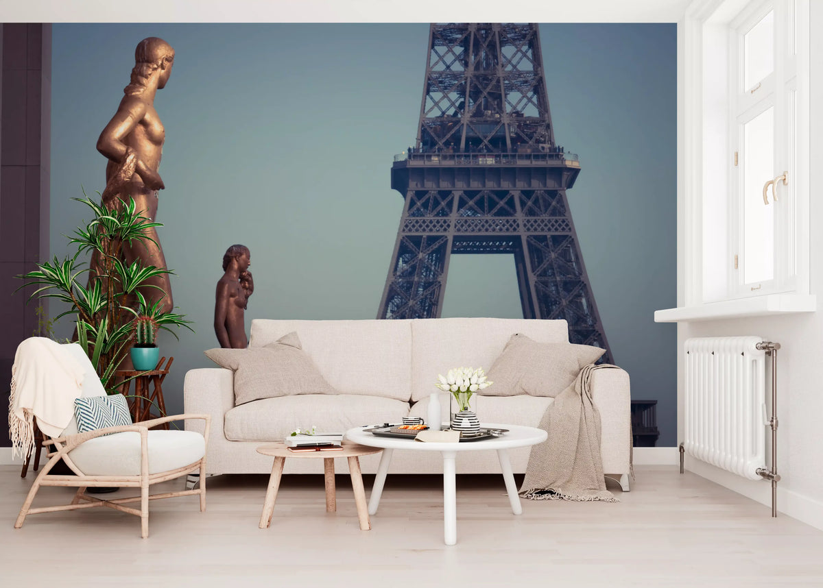 Art wall mural of bronze statues before the Eiffel Tower, GD13029