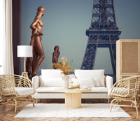 Art wall mural of bronze statues before the Eiffel Tower, GD13029