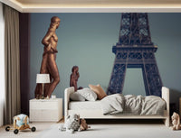 Art wall mural of bronze statues before the Eiffel Tower, GD13029