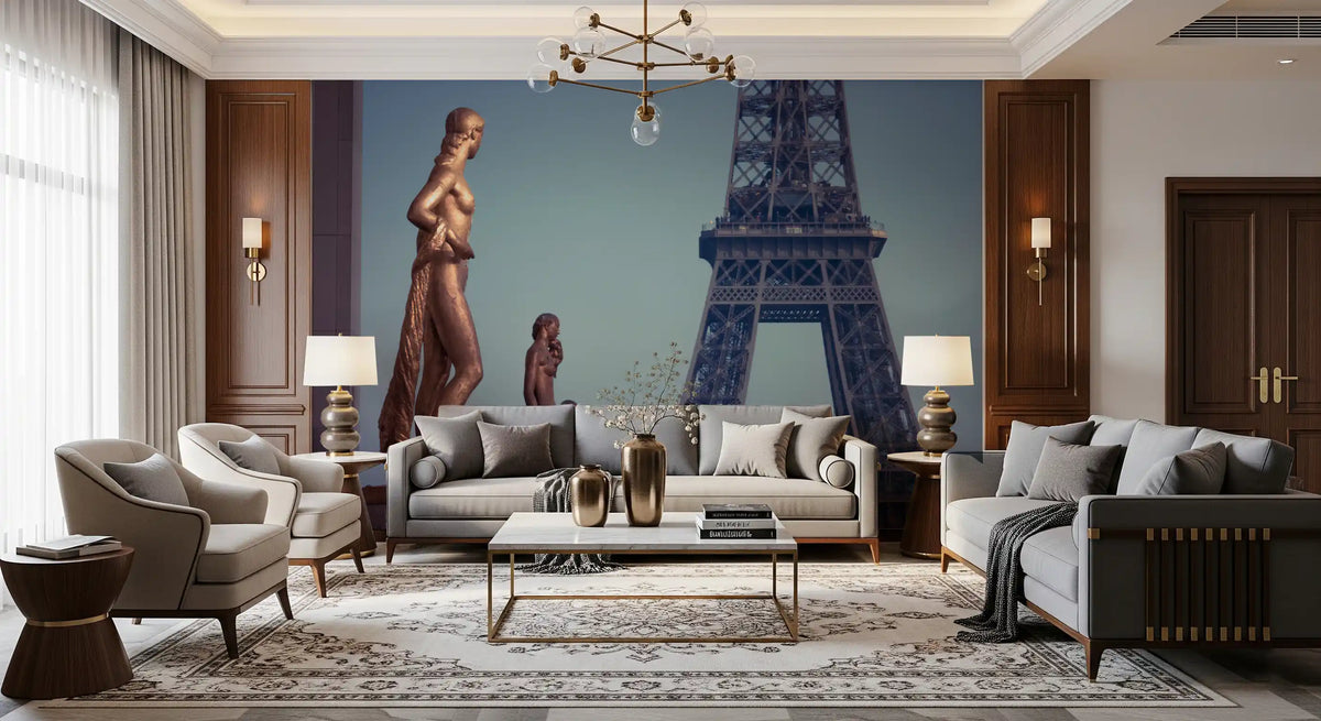 Art wall mural of bronze statues before the Eiffel Tower, GD13029