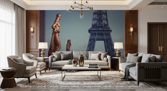 Bronze Sculptures and Eiffel Tower Detail Wall Mural