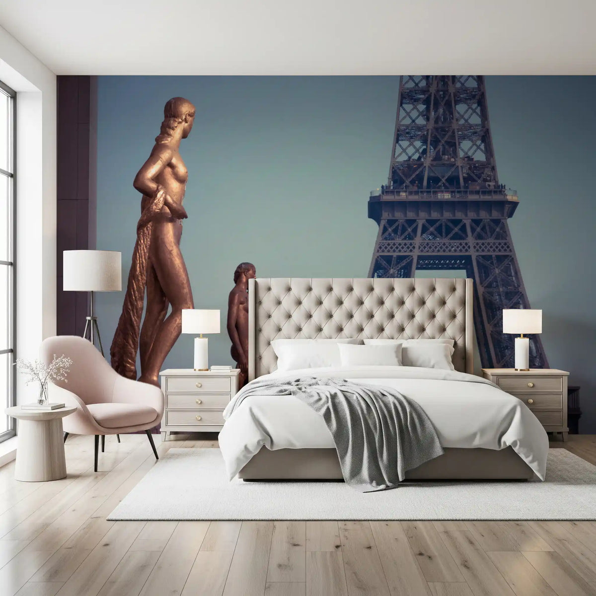 Art wall mural of bronze statues before the Eiffel Tower, GD13029