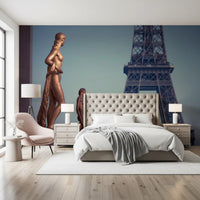 Art wall mural of bronze statues before the Eiffel Tower, GD13029