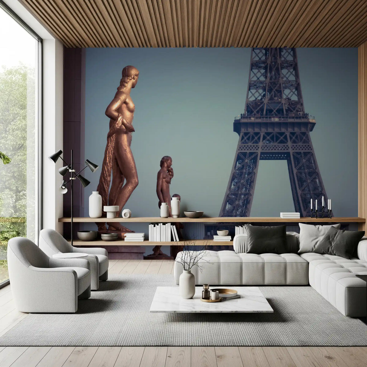Art wall mural of bronze statues before the Eiffel Tower, GD13029