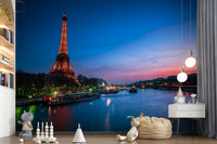 Landscape wall mural of Paris at night with a glowing Eiffel Tower and blue river, GD13030